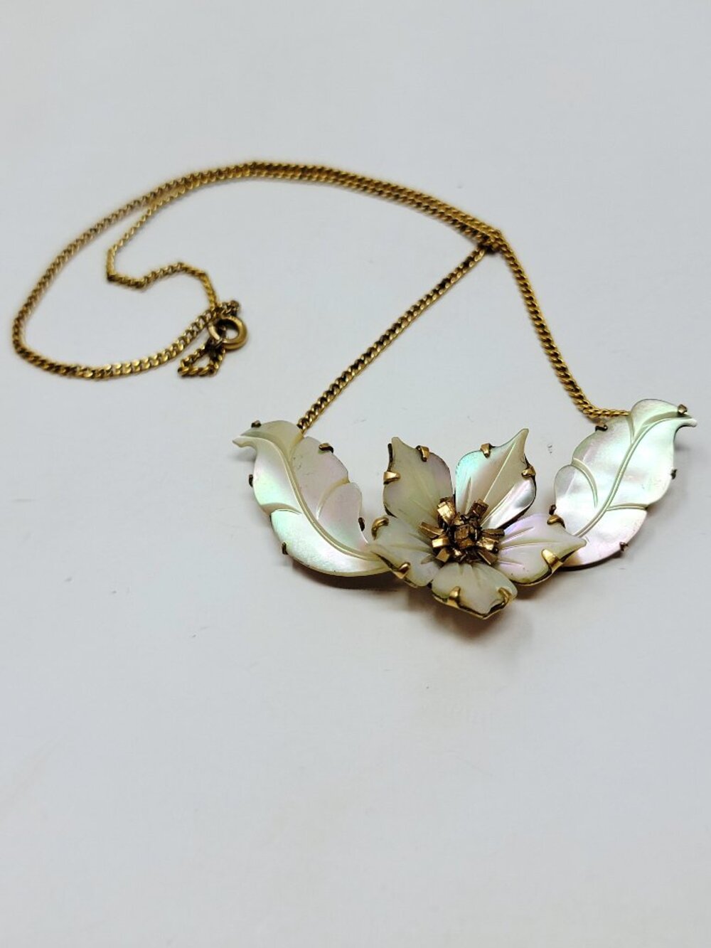 Vintage Carved Mother of Pearl Floral 1/20 12K Gold Filled Necklace